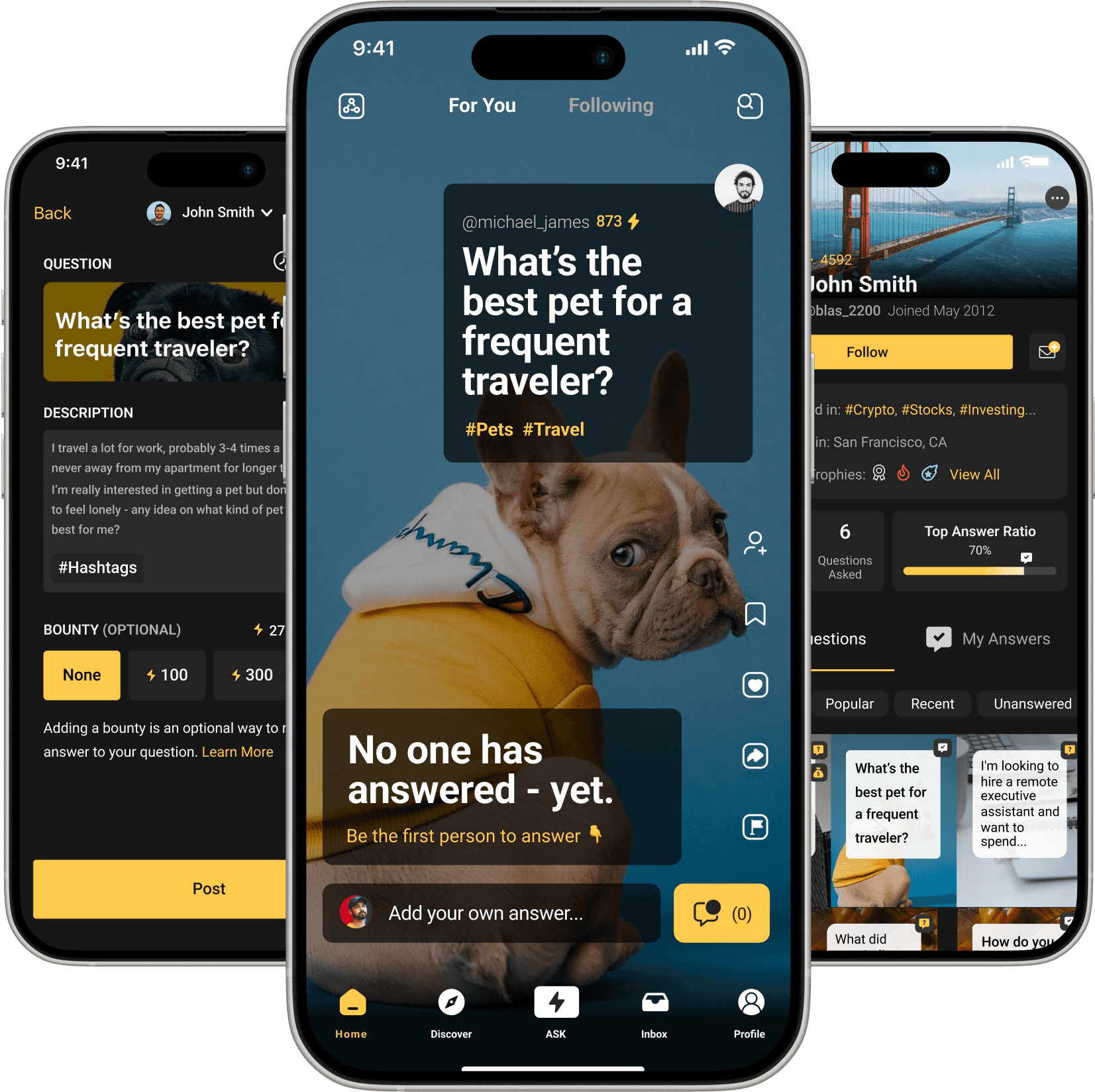Solvr question-and-answer app screens on three phones