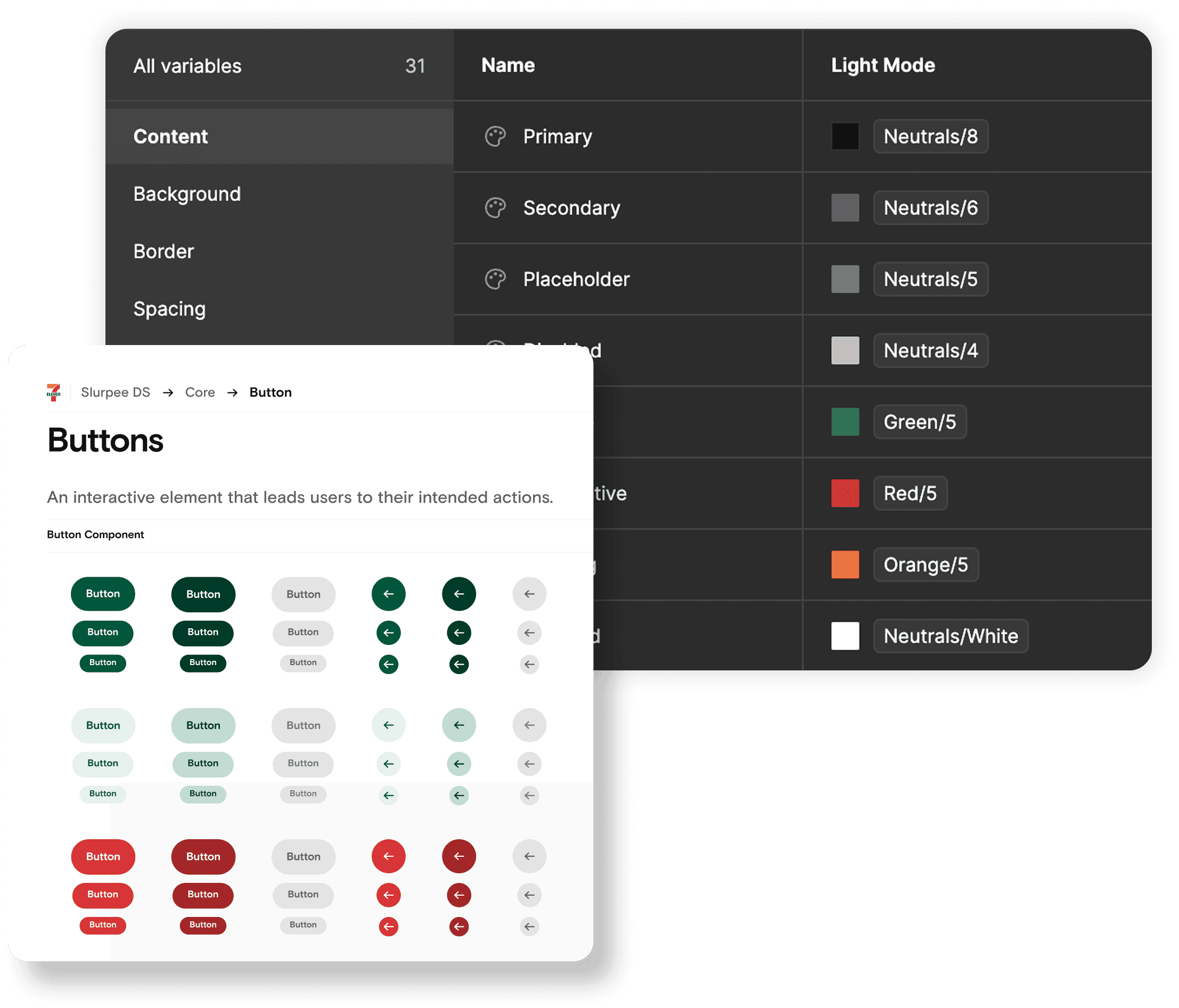 Slurpee Design System button component library and Figma design tokens