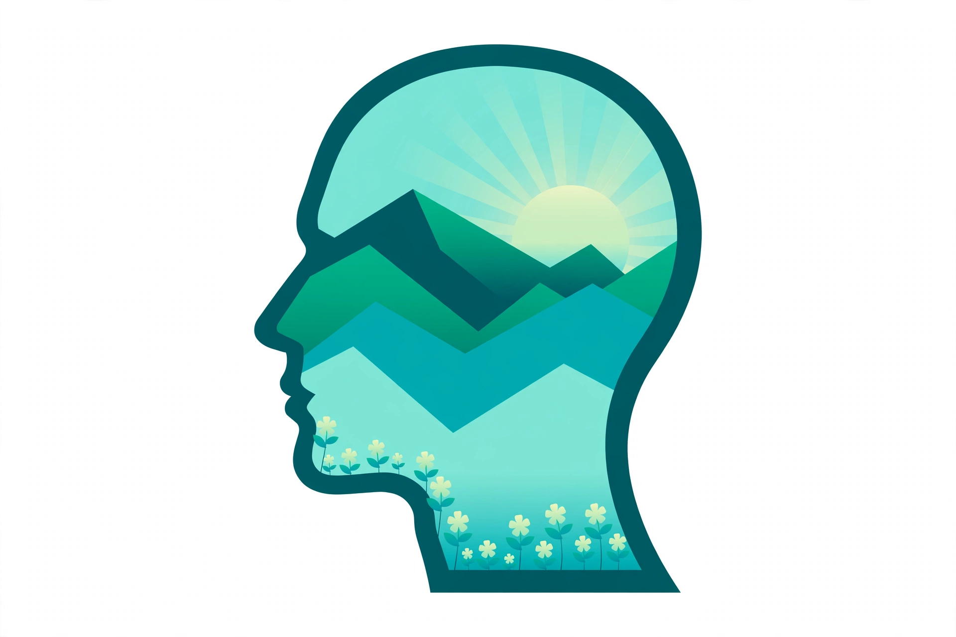 Head silhouette filled with a sunrise over mountains and flowers